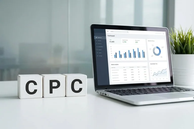 cpc cost per click concept text cube block modern laptop copy