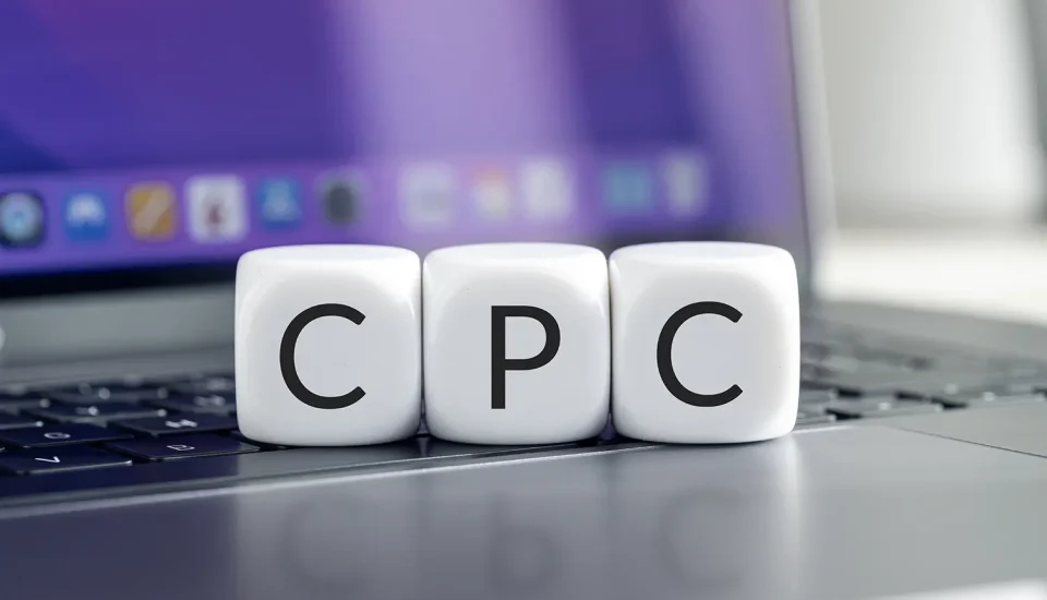 cpc cost per click concept text cube block modern laptop copy