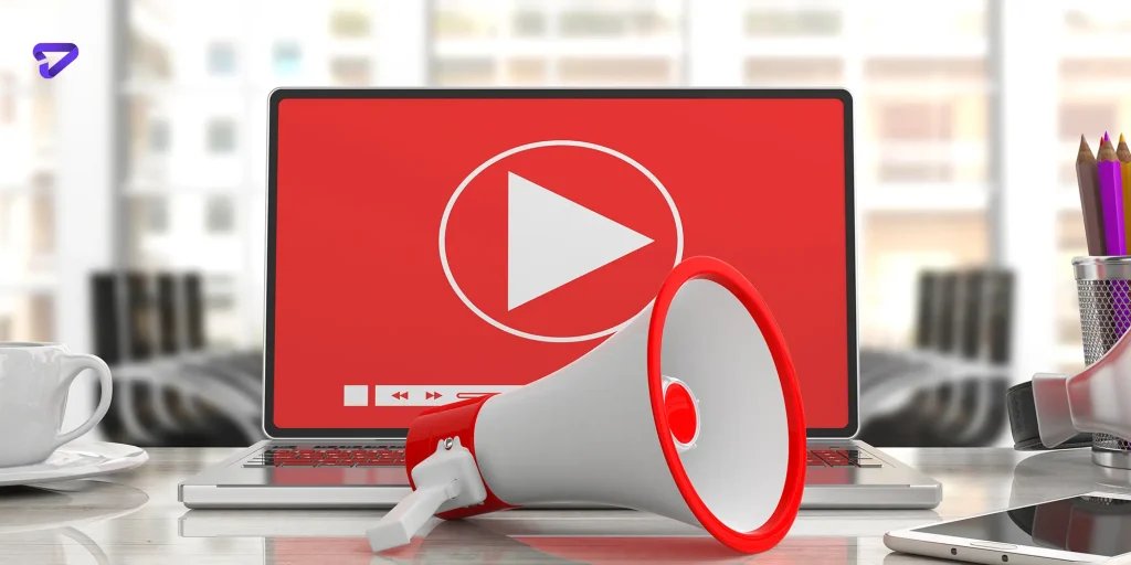 megaphone bullhorn video player computer screen blurred office background close up view 3d illustration copy
