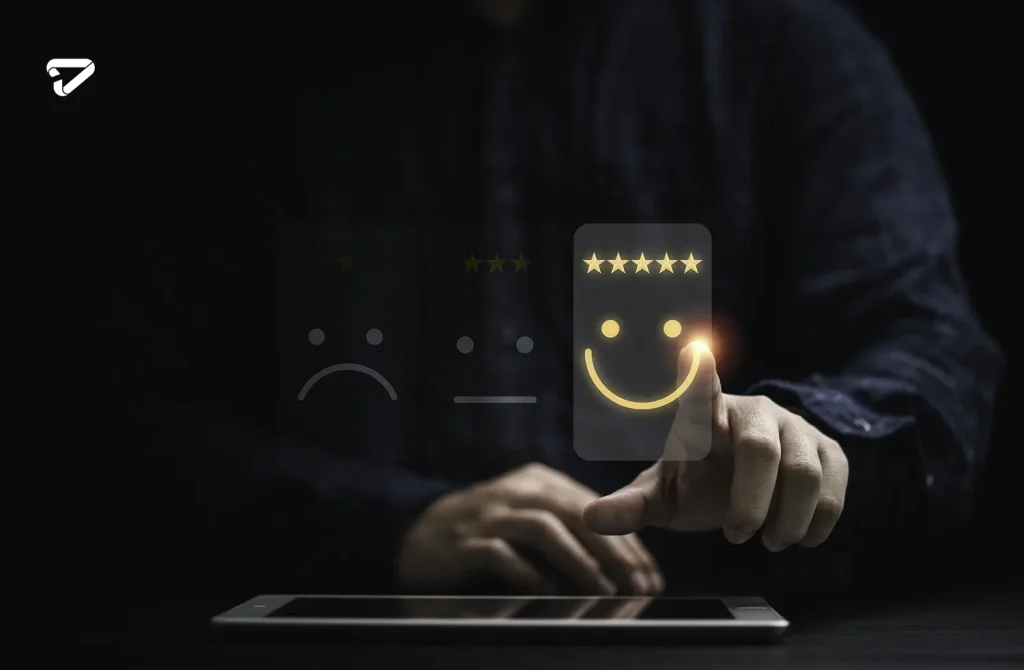 businessman using smartphone select smiley face icon client evaluation customer satisfaction after use product service concept copy