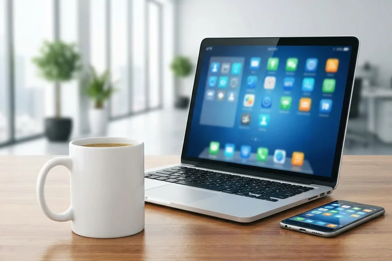 cup coffee with application icons near mobile laptop copy