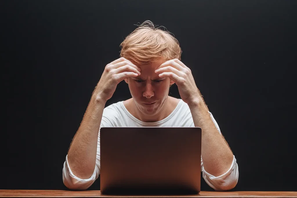 Are You Making These Content Marketing Mistakes? Find Out and Fix Them 1 man thinks laptop white t shirt black background copy