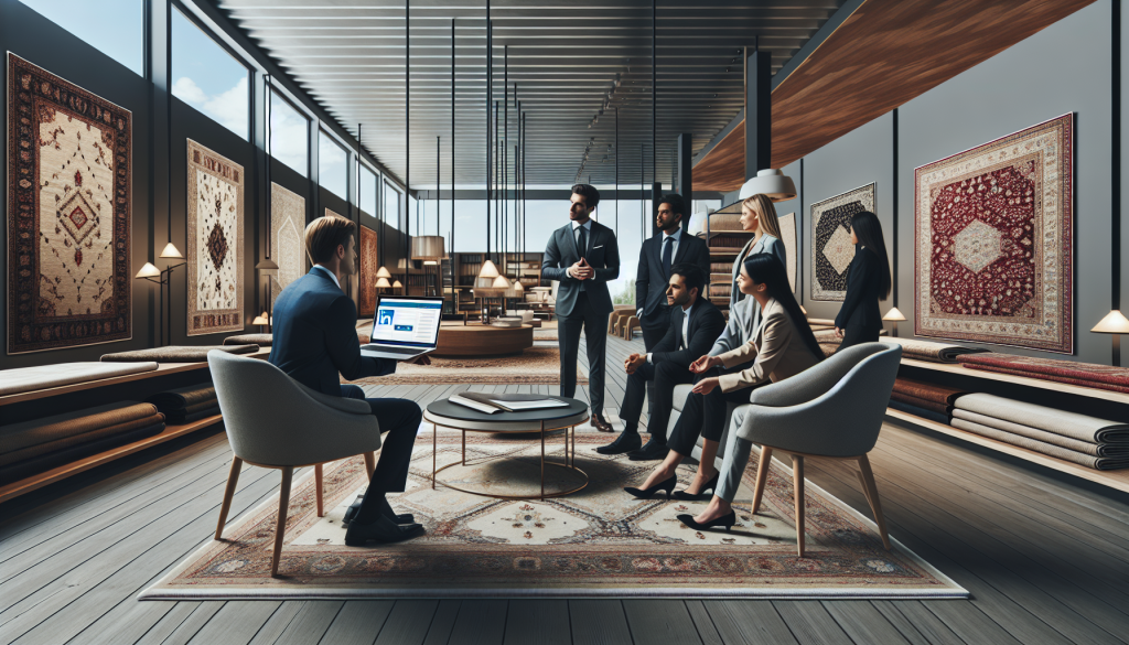 LinkedIn B2B Rug Marketing: Finding Wholesale Buyers Fast 1 B2B rug marketing professional using LinkedIn to connect with wholesale buyers in showroom