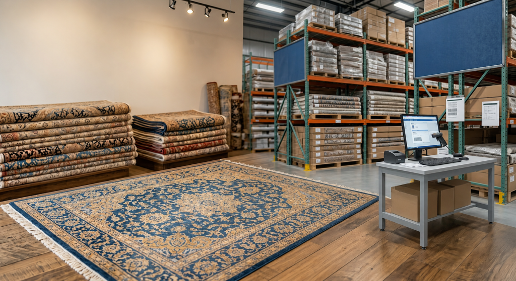How Independent Rug Stores Can Compete With Wayfair & Big-Box Retailers Online 1 Traditional blue and beige rug displayed in a rug showroom and warehouse.