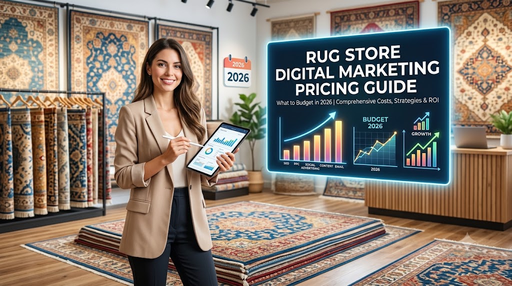 Rug Store Digital Marketing Pricing Guide: What to Budget in 2026 1 Digital marketing analytics dashboard overlay in a high-end rug store featuring oriental and area rugs