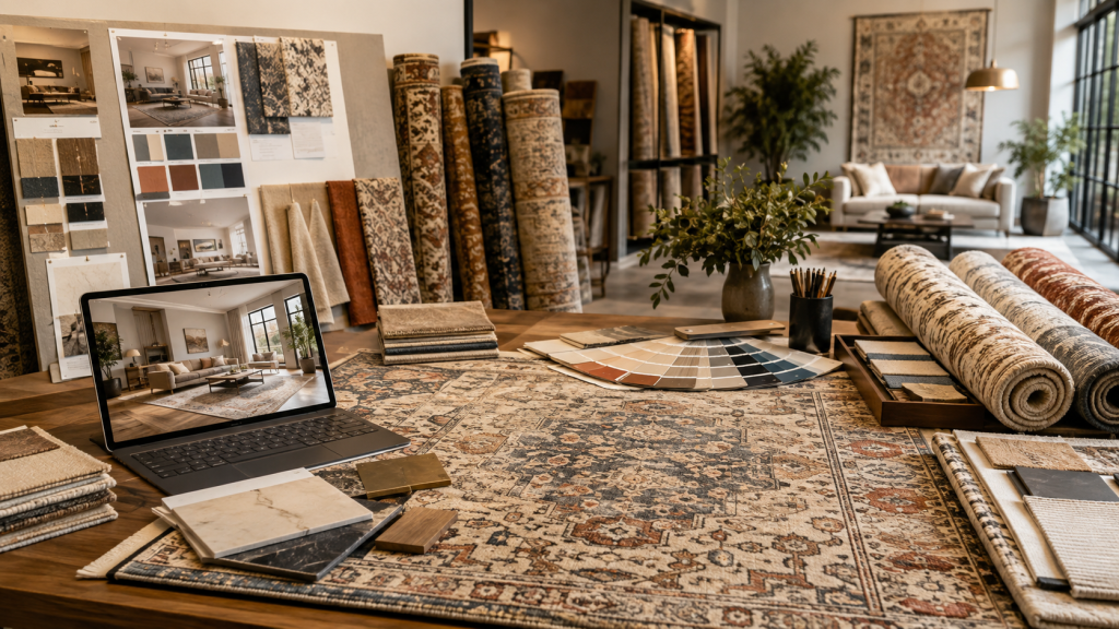 How Do Rug Businesses Find Interior Designers to Work With? 1 Rug showroom workspace with interior design mood board, rug samples and digital portfolio for designer collaboration.
