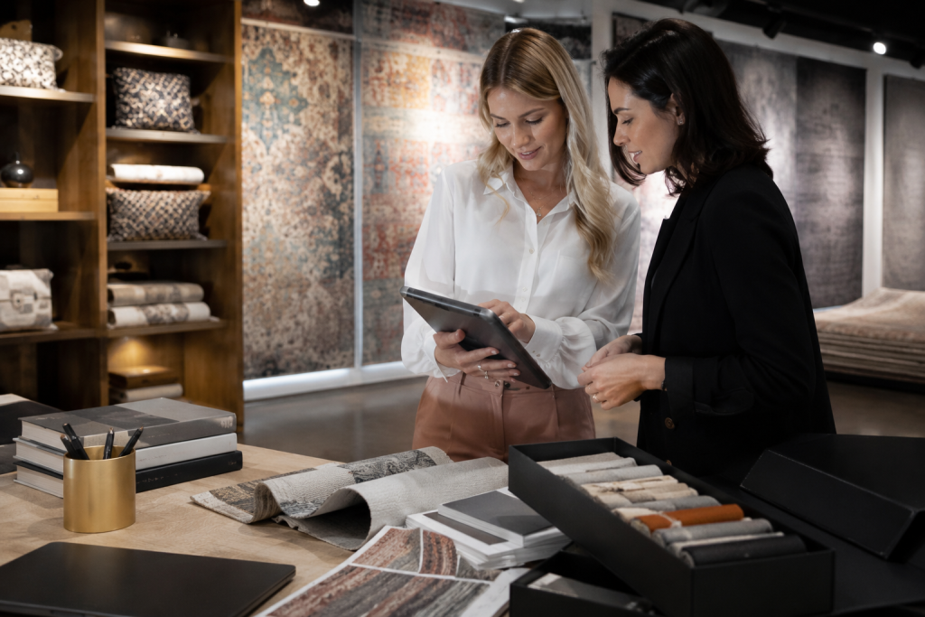 Marketing to Interior Designers: A Trade Program Guide for Rug Businesses 1 : Interior designers reviewing rug samples and a digital catalogue inside a modern rug showroom.