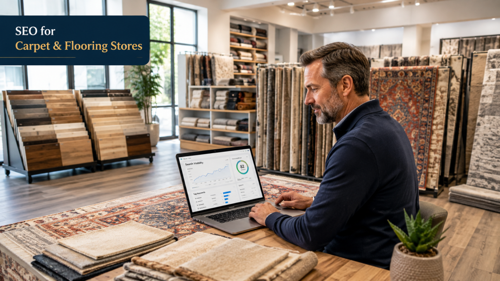 SEO for Carpet & Flooring Stores: What Rug Retailers Can Learn 1 Carpet and flooring store owner reviewing SEO analytics on a laptop inside a modern rug showroom.