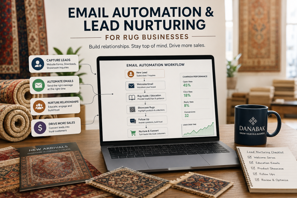 Email Automation and Lead Nurturing for Rug Businesses 1 Email automation and lead nurturing workflow for rug businesses with laptop dashboard, rug samples and marketing checklist.