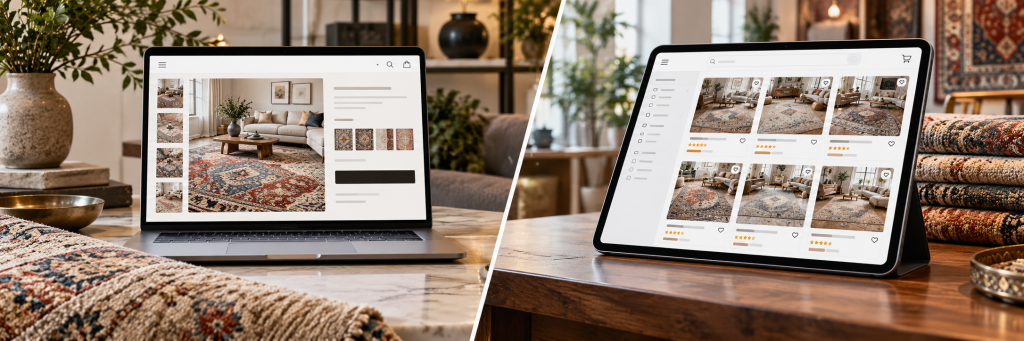 Website vs Marketplaces for Rug Businesses 1 Rug business website compared with an online marketplace, showing product listings, showroom inventory and digital rug selling options.