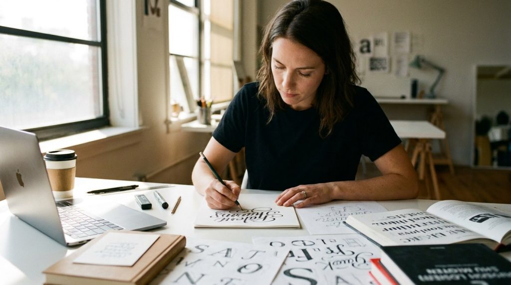 Mastering the Art of Typography in Graphic Design 1 Graphic designer working on typography and lettering