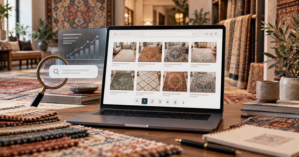 How to Optimize Rug Collection Pagination for Search Engines 1 Rug ecommerce collection page with pagination controls displaying multiple rug products on a laptop in a showroom setting.