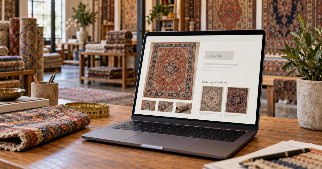 What Should Rug Stores Do With Sold-Out Product Pages? 1 Laptop showing a sold-out rug product page with similar rug recommendations in a rug showroom.